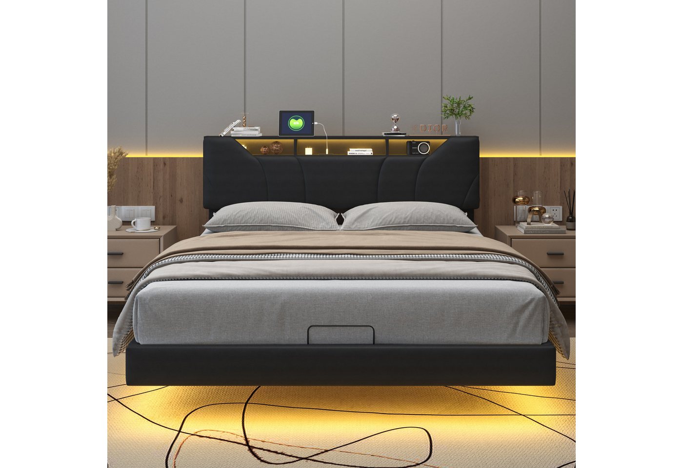 FUROKOY Stauraumbett Schwarze Hydraulisches Bett Hängebett mit LED-Beleuchtung (Höhenverstellbares Kopfteil mit Stauraum, LED Licht und USB Ladefunktion), Polsterbett Doppelbett 160x200cm Mit Bettkasten, PU, Schwarz von FUROKOY
