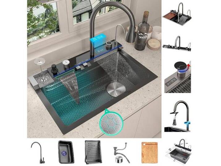 Faizee Home Küchenspüle Nano Innovative Wasserfall Geschirrspülbecken 75 x 45 cm mit Armatur, schwarz, Graphit von OTTO