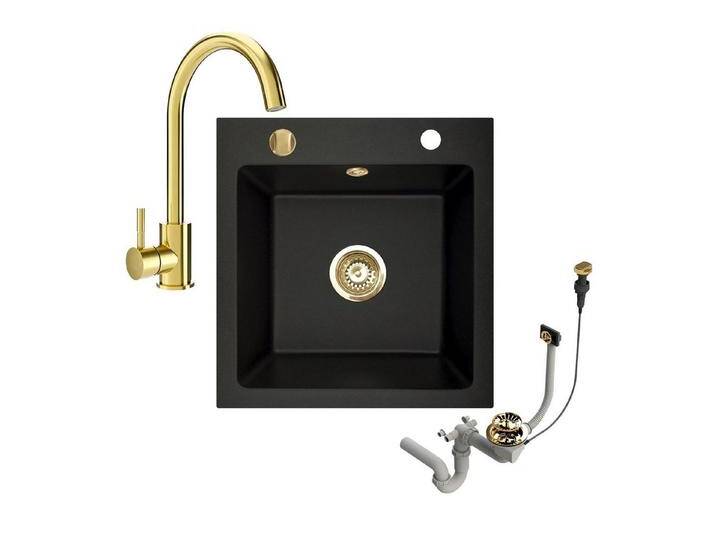 Faizee Möbel Granitspüle Granitspüle 48x50 +Armatur Gold Küchenspüle Spülbecken inkl. Siphon, eckig, 48/50 cm, schwarz, Schwarz von OTTO