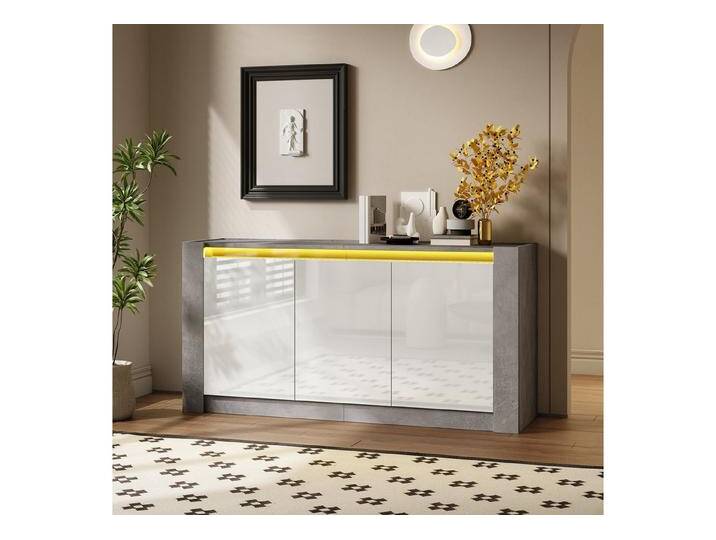 Fanttik Sideboard Hochglanz farblich passender Kabinett, griffloses Design mit LED 150CM, Anrichte Dämpfungsscharnieren und verstellbaren Einlegeböden, 3 Türen von OTTO