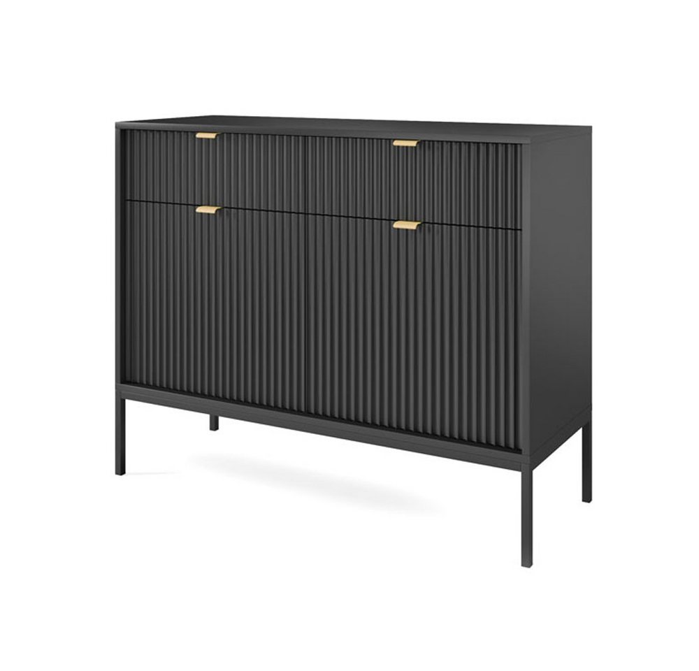 Feldmann-Wohnen Kommode Nova (2 Schubladen, 2 Türen, 2 Einlegeböden, 1 St., Riffel-Optik Front, goldfarbene Metallgriffe, ABS-Kanten), 104x39x83cm, Fronten mit ausdrucksstarkem geriffelten Muster von Feldmann-Wohnen