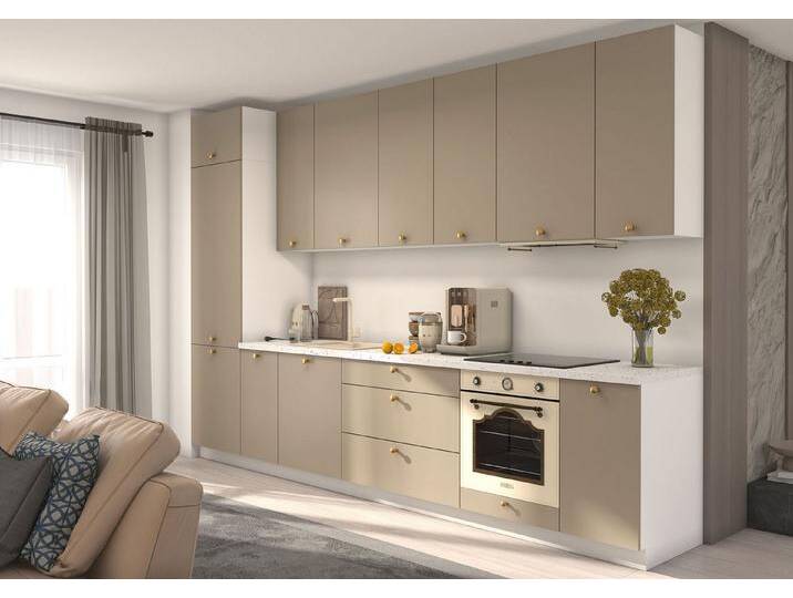 Feldmann-Wohnen Küchenzeile Bonn, (Schubladen mit Vollauszug und Selbsteinzug (REJS Comfort Box), 350x59x243cm weiß / stone grey matt, 12-teilig von OTTO