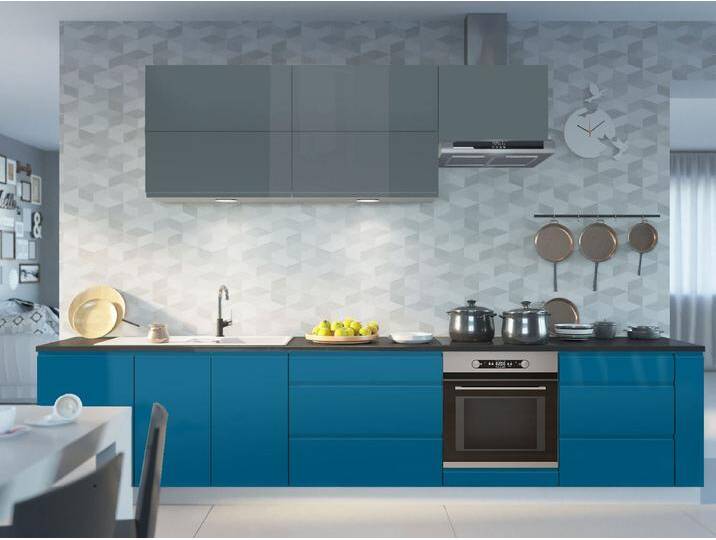 Feldmann-Wohnen Küchenzeile Florence, (Schubladen mit Teilauszug + Selbsteinzug (Blum Metabox), 355cm weiß / graublau - capriblau Hochglanz Teilauszug von OTTO