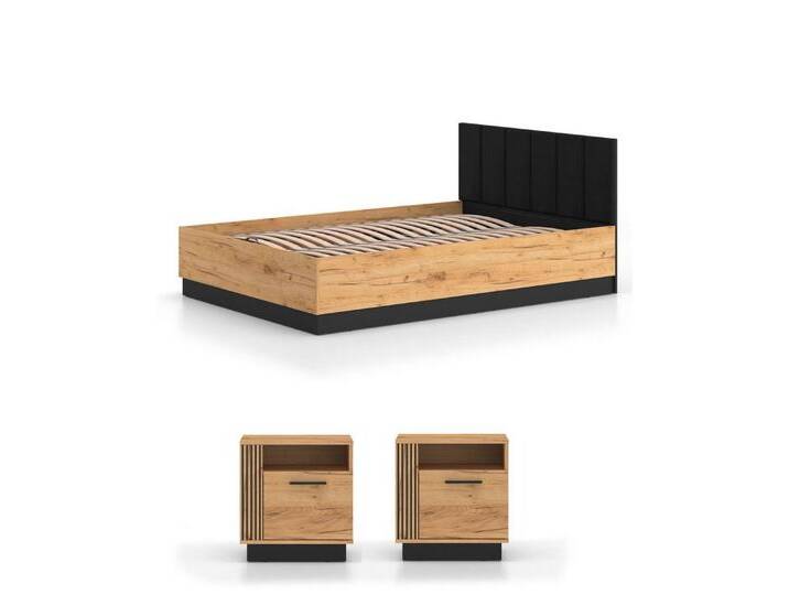 Feldmann-Wohnen Schlafzimmer-Set Urso, (mit Türen, mit Einlegeböden, mit Schubladen, 3-tlg., moderne Optik, 3-teilig, 140x200cm, mit Metallrahmen), Gold Craft Eiche schwarz 3-teilig, 140x200cm von OTTO
