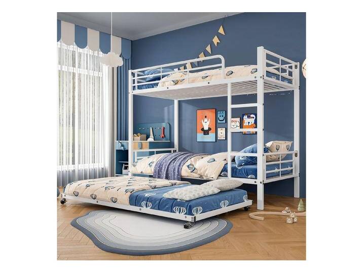 Flieks Etagenbett, Dreierbett Metallbett 90x200cm mit Leiter und Ausziehbett 90x190cm, weiß, weiß von OTTO