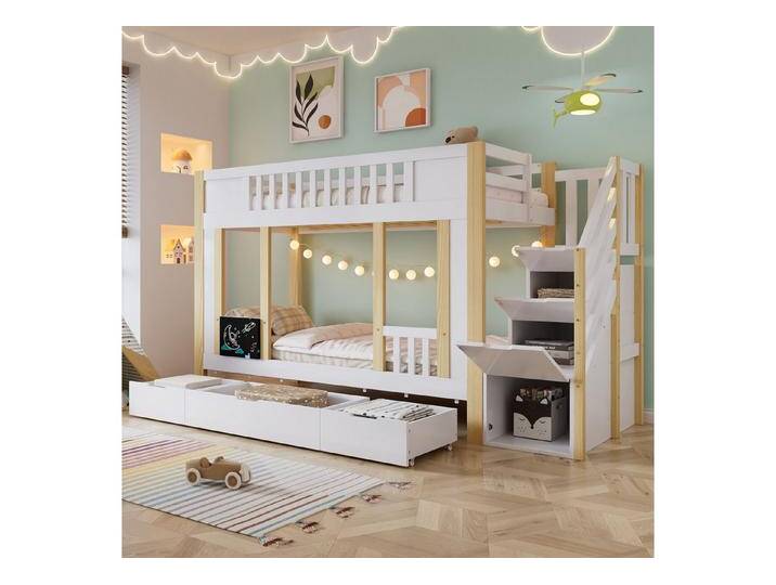 Flieks Etagenbett, Kinderbett 90x200cm mit Stauraumtreppe, 3 Schubladen auf Rollen, Tafel, weiß Flieks Etagenbett, Kinderbett 90x200cm mit Stauraumtreppe, 3 Schubladen auf Rollen, Tafel, weiß von OTTO