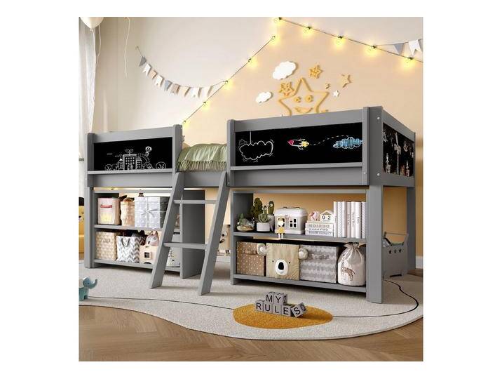 Flieks Hochbett Halbhohes Bett Kinderbett 90x200cm mit Tafel, Ablagefächer und Leiter, grau, grau Flieks Hochbett Halbhohes Bett Kinderbett 90x200cm mit Tafel, Ablagefächer und Leiter, grau, grau von OTTO