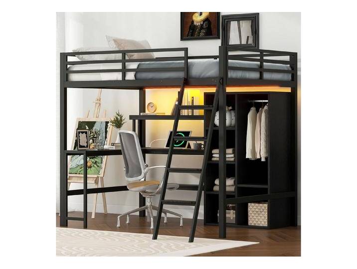 Flieks Hochbett LED Metallbett 140x200cm mit Kleiderschrank, Schreibtisch und Aufladen, schwarz Flieks Hochbett LED Metallbett 140x200cm mit Kleiderschrank, Schreibtisch und Aufladen, schwarz von OTTO
