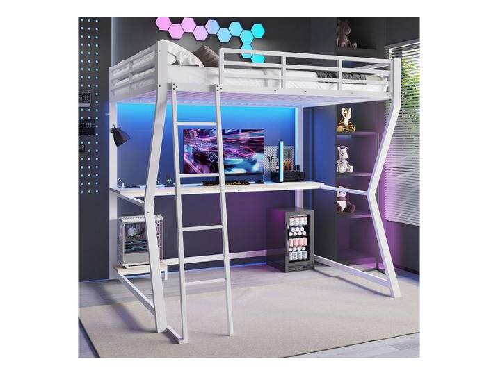 Flieks Hochbett LED Metallbett 140x200cm mit Schreibtisch und Aufladenfunktion, weiß, weiß Flieks Hochbett LED Metallbett 140x200cm mit Schreibtisch und Aufladenfunktion, weiß, weiß von OTTO
