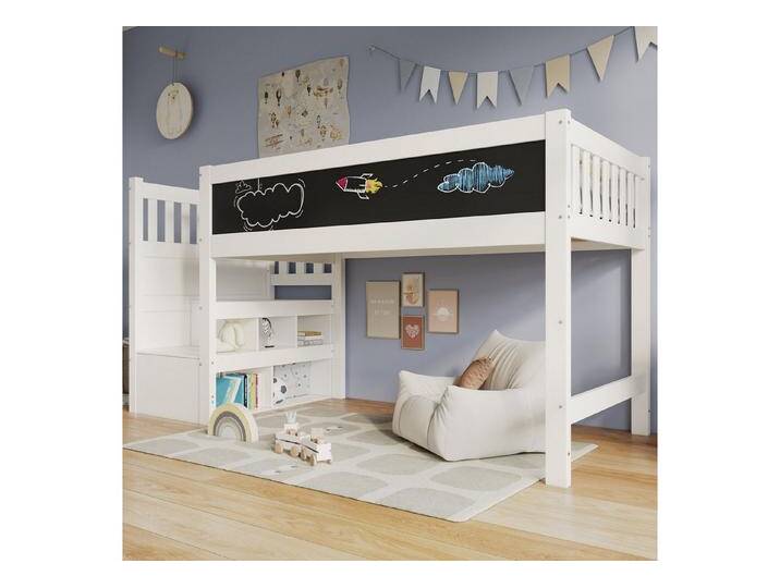 Flieks Kinderbett, Massivholz Hochbett mit Tafel und Stauraumtreppe 90x200cm, weiß, Schubladen: 0 St. Flieks Kinderbett, Massivholz Hochbett mit Tafel und Stauraumtreppe 90x200cm, weiß, Schubladen: 0 St. von OTTO