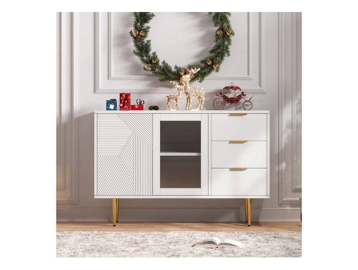 Flieks Kommode (120x38x79,5 cm, 1 St., mit Metallgriffen und Metallbeine), Sideboard mit 3 Schubladen und Glastüren Küchenschrank Weiß, weiß von OTTO