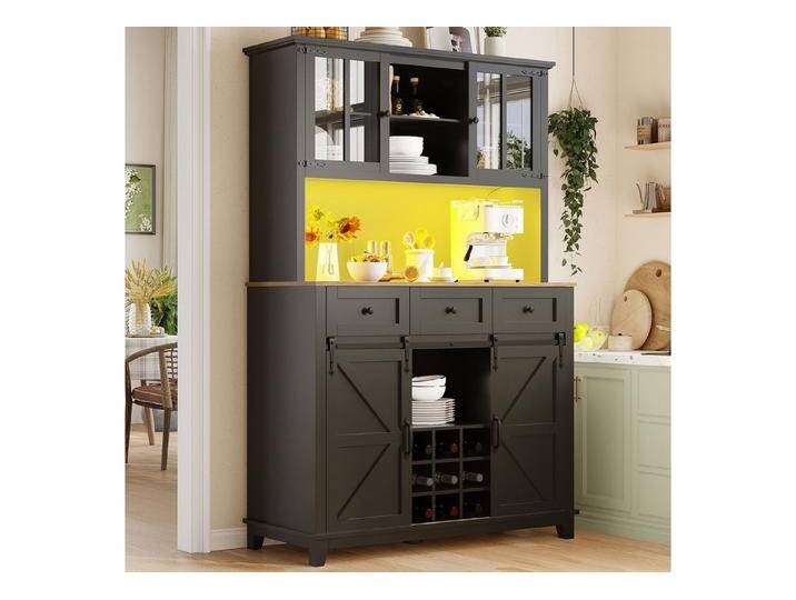 Flieks Küchenbuffet mit LED-Beleuchtung und Weinregal (Vitrinenschrank mit Schubladen und Glastüren, 1-St. von OTTO