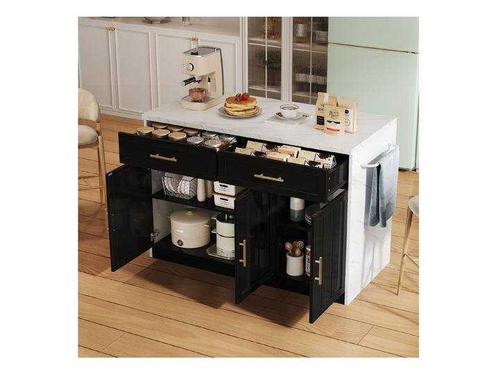 Flieks Kücheninsel mit Steckdosen, USB-Anschlüsse und verstellbare Einlegeböden, (Arbeitsplatte in Marmoroptik, 120x60x91 cm), Küchenschrank Küchenbuffet mit Schubladen und Handtuchhalter Schwarz von OTTO