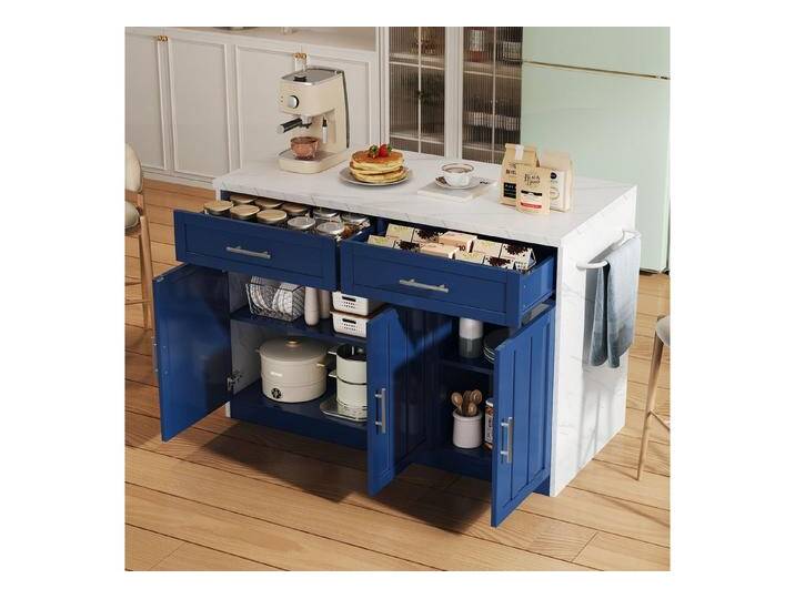 Flieks Kücheninsel mit Steckdosen, USB-Anschlüsse und verstellbare Einlegeböden, (Arbeitsplatte in Marmoroptik, 120x60x91 cm), Küchenschrank Küchenbuffet mit Schubladen und Handtuchhalter Blau von OTTO