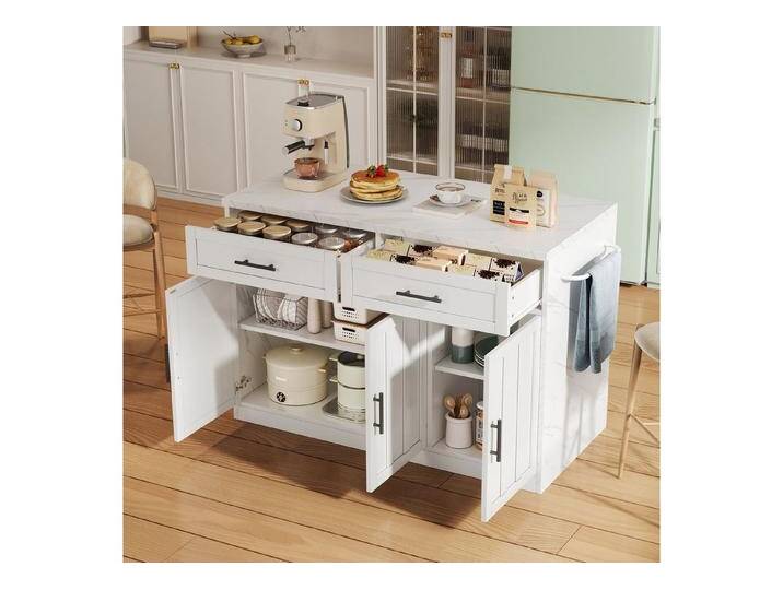 Flieks Kücheninsel mit Steckdosen, USB-Anschlüsse und verstellbare Einlegeböden, (Arbeitsplatte in Marmoroptik, 120x60x91 cm), Küchenschrank Küchenbuffet mit Schubladen und Handtuchhalter Weiß von OTTO