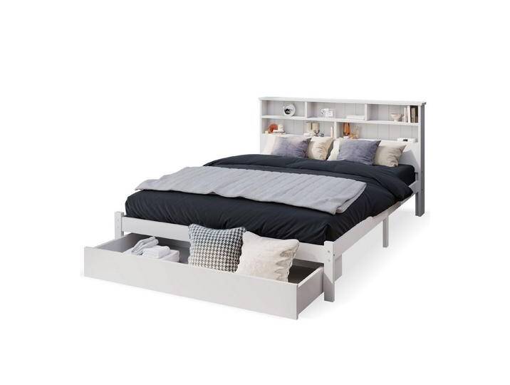 Flieks Massivholzbett, Doppelbett mit Bücherregal Kopfteil 140x200cm weiß, weiß von OTTO