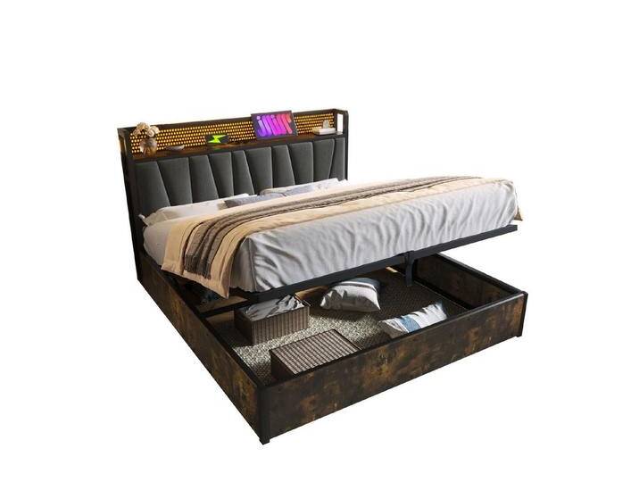 Flieks Polsterbett (1-tlg), LED Metallbett Holzbett mit Ladefunktion und Stauraum 180x200cm, braun, braun von OTTO