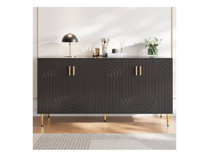 Flieks Sideboard Buffetschrank mit Einzigartigem Wellendesign und goldenen Griffen (152x40x75 cm, 1 St), Kommodechrank mit 4 Türen Wohnzimmer hochglanz Anrichte Schwarz von OTTO