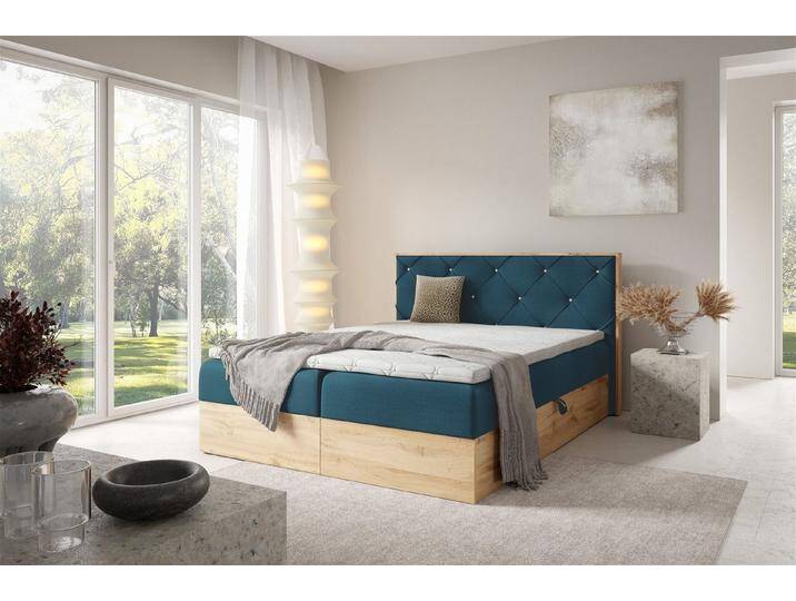 Fun Möbel Boxbett Bett Schlafzimmerbett HELIOS PREMIUM in Stoff Rouge (mit Taschenfederkernmatratze, mit Bettkästen), Strasssteine im Kopfteil, blau von OTTO