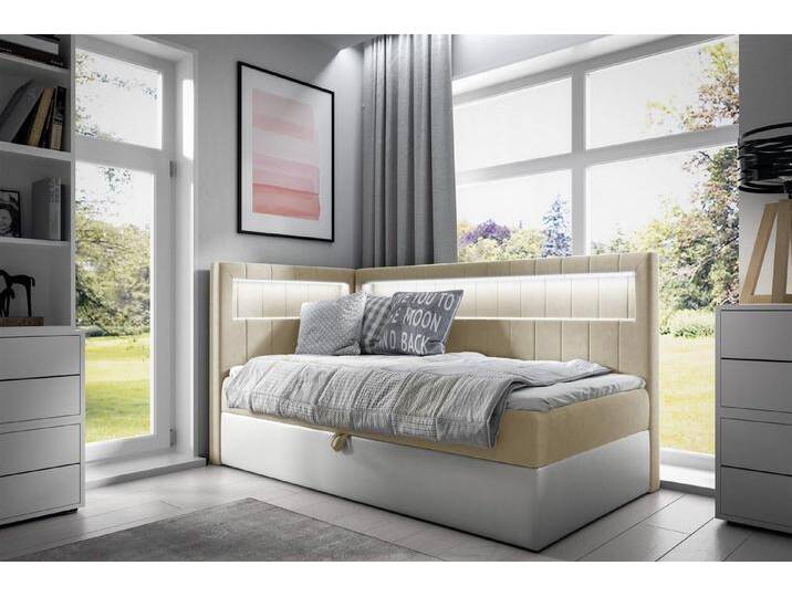 Fun Möbel Boxbett Gästebett Kinderbett FABIAN Nr.3 (inkl. Bettkasten und Topper), inkl. LED-Beleuchtung, beige, Weiß-Beige von OTTO
