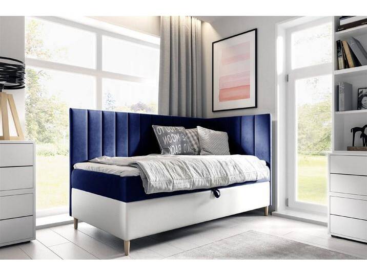 Fun Möbel Boxbett Gästebett Kinderbett HELVI Nr.3 (inkl. Bettkasten und Topper, Bettkastenseite frei wählbar), Kopf- und Seitenteil, blau, Weiß-Blau von OTTO