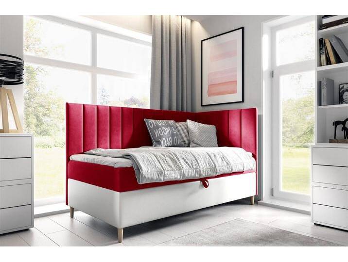 Fun Möbel Boxspringbett Boxspringbett Gästebett Kinderbett HELVI Nr.3 (inkl. Bettkasten und Topper, Bettkastenseite frei wählbar), Kopf- und Seitenteil, rot von OTTO