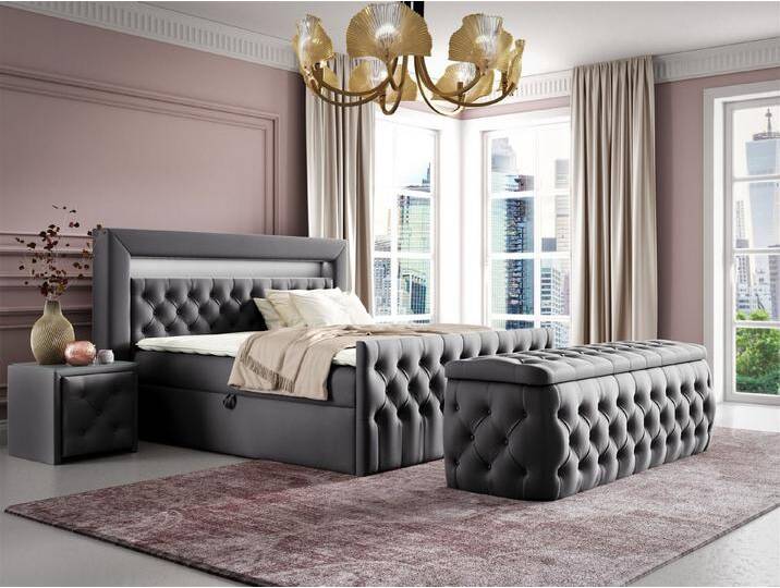 Fun Möbel Boxspringbett Schlafzimmerbett ERNESTO Nr.4 in Stoff Elisa Velvet (inkl. Topper, inkl. Bettkästen), inkl. 2 x Nachttisch mit Glasplatte, Polsterhocker und LED-Beleuchtung, grau von OTTO
