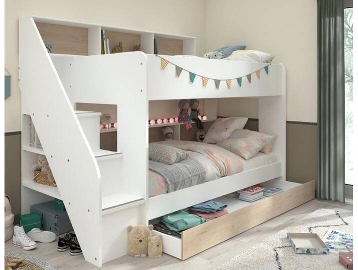 Furn.Design Etagenbett Mybed (Hochbett in weiß mit Eiche, 2x Liegefläche 90 x 200 cm), kein extra Lattenrost erforderlich, Mit Bettschubkasten von OTTO