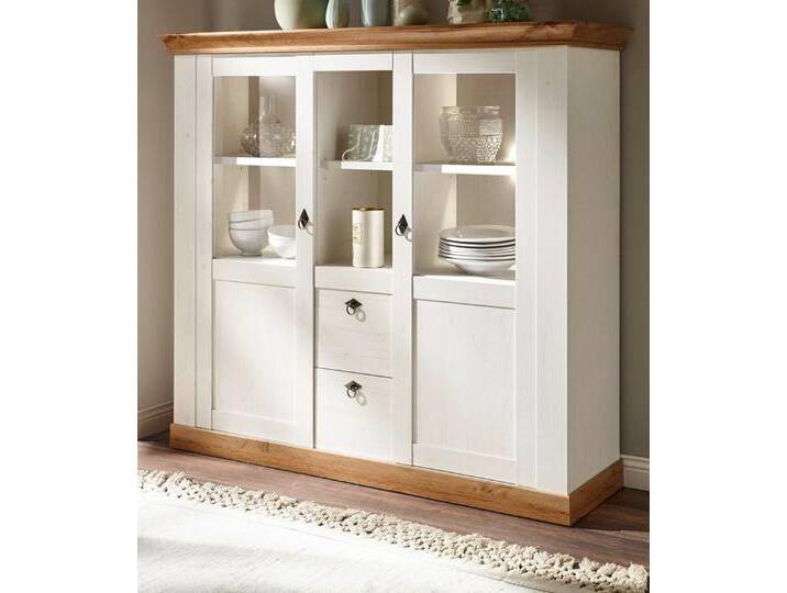 Furn.Design Highboard Hemsby (Anrichte in Pinie weiß mit Wotan Eiche, 148 x 139 cm), Landhausstil, weiß, Mit Beleuchtung von OTTO