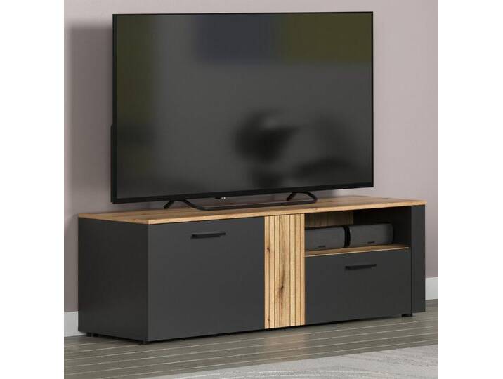 Furn.Design Lowboard Avila (TV Unterschrank in matt grau mit Evoke Eiche, 150 x 50 cm), mit Staboptik, grau, Mit LED Beleuchtung von OTTO