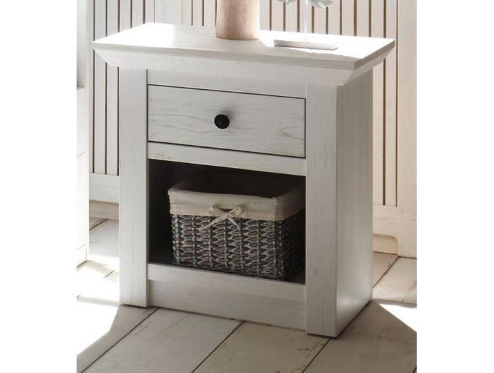 Furn.Design Nachtkommode Hooge (Nachttisch im Dekor Pinie weiß gekälkt, 59 x 62 cm), mit Schublade Komforthöhe, weiß, Mit Flechtkorb von OTTO