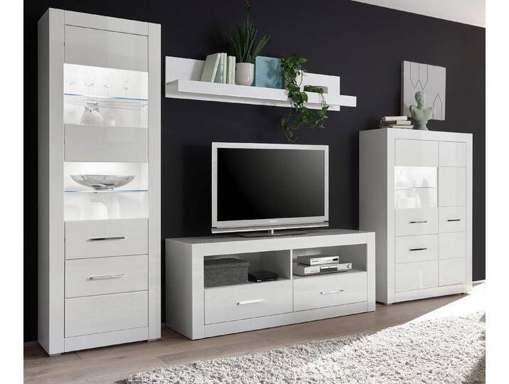 Furn.Design Wohnwand Carrara, (Schrankwand in weiß Hochglanz mit Chromgriffen, 4-teilig, 330 x 198 cm), TV Lowboard auf Rollen, weiß, Ohne Beleuchtung von OTTO