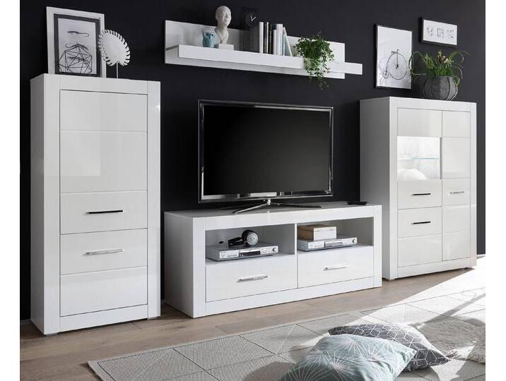 Furn.Design Wohnwand Carrara, (Wohnkombination 4-teilig, Breite 335 cm), in weiß Hochglanz, Mit Beleuchtung von OTTO