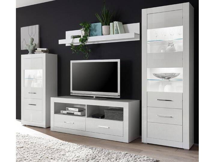 Furn.Design Wohnwand Carrara, (Wohnzimmer Set 4-teilig in weiß Hochglanz, ca. 300 x 198 cm), mit viel Stauraum, weiß, Mit Beleuchtung von OTTO