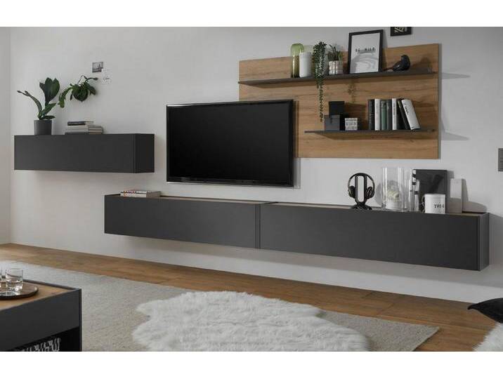 Furn.Design Wohnwand Center, (Wohnkombination in grau mit Wotan Eiche, 4-teilig, Breite 380 - 420 cm), mit großem TV Lowboard, grau von OTTO