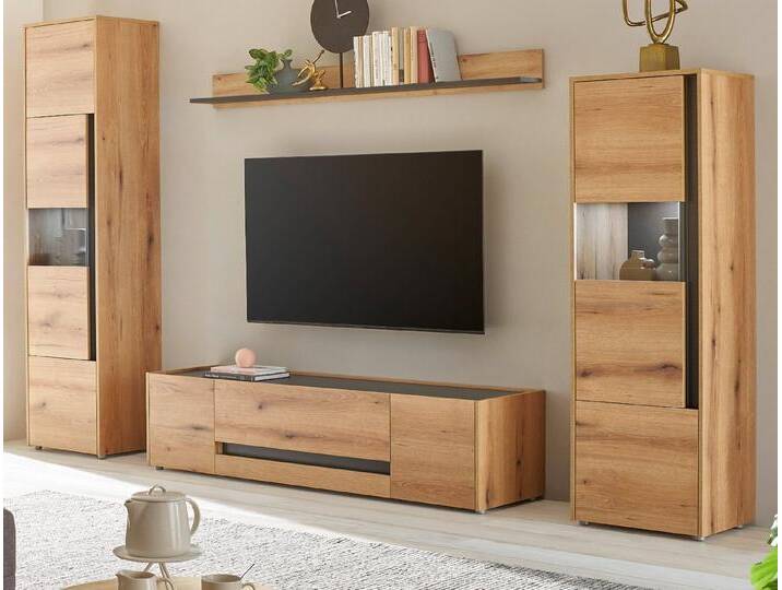 Furn.Design Wohnwand Center, (in Evoke Eiche mit grau, 4-teilig, ca. 310 x 197 cm), mit großem TV Lowboard, beige, Mit Beleuchtung von OTTO