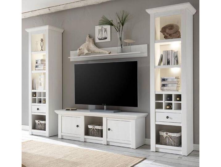 Furn.Design Wohnwand Hooge, (Wohnwand 4-teilig in Pinie weiß, 288 x 207 cm), Landhausstil, Mit 3x Flechtkorb von OTTO