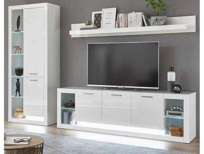 Furn.Design Wohnwand Ladis, (in weiß Hochglanz, Set 3-teilig, 298 x 198 cm), zeitlos elegantes Design, Mit Beleuchtungsset von OTTO