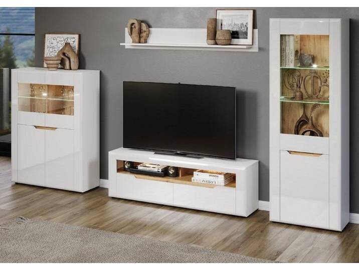 Furn.Design Wohnwand Merlon, (in weiß Hochglanz mit Eiche, 4-teilig, 340 x 192 cm), mit viel Stauraum, Mit Beleuchtung von OTTO