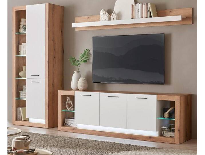 Furn.Design Wohnwand Rivian, (Schrankwand in weiß matt mit Evoke Eiche, 3-teilig, 290 x 195 cm), Breite Lowboard 198 cm, Komforthöhe, beige von OTTO