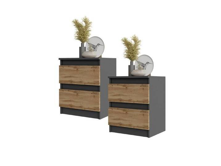 Furnica Nachttisch 2er-Set - BIG G - Nachtschrank mit 2 Schubladen H50cm B41cm T33cm (2er-Set), grau, Anthrazit Grau / Votan Eiche von OTTO
