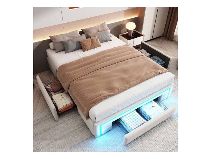 Furnishings Home Futonbett Polsterbett Stauraumbett Doppelbett (Mit Drei extra große Schubladen), Multifunktionsbett, Mit LED-Beleuchtung, Lattenrost, PU, 140x200 cm von OTTO