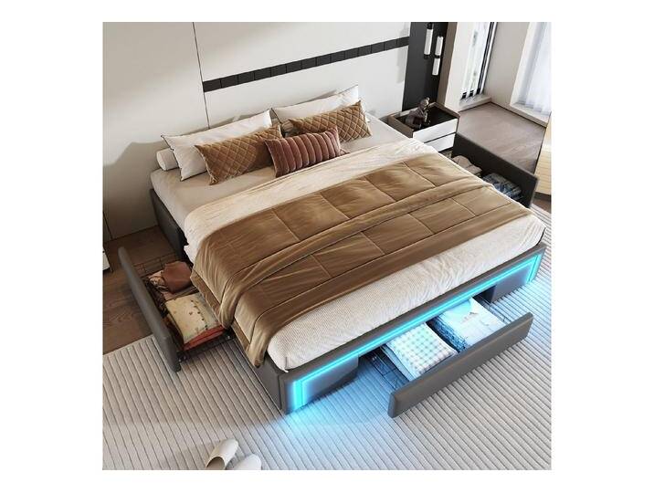 Furnishings Home Futonbett Polsterbett Stauraumbett Doppelbett (Mit Drei extra große Schubladen), Multifunktionsbett, Mit LED-Beleuchtung, Lattenrost, PU, 180x200 cm von OTTO
