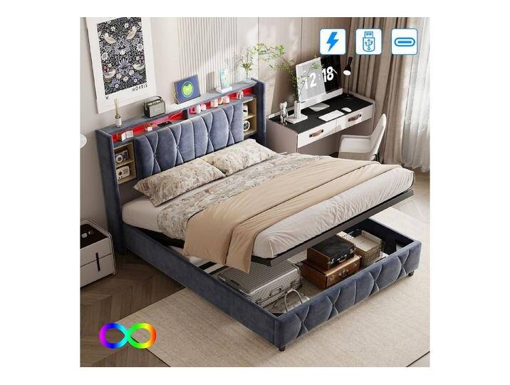 Furnishings Home Polsterbett Doppelbett Stauraumbett LED + Ladeanschluss (Klappbares Kopfteil, Hydraulisch anhebbarer Stauraum), Multifunktionsbett, Mit LED-Beleuchtung, Bettkasten, Samt von OTTO