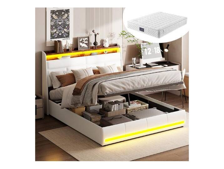 Furnishings Home Polsterbett LED Doppelbett Stauraumbett mit 7-Zonen Federkernmatratze, Mit LED-Beleuchtung, Regal-Kopfteil, Lattenrost,Kunstleder von OTTO