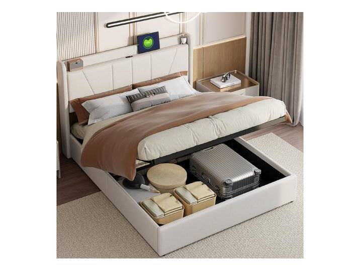 Furnishings Home Stauraumbett Polsterbett Doppelbett Mit Ladefunktion (hydraulisch hebbarem Stauraum), Mit 2 USB + 1 TYPE-C, Leinen, 140x200 cm, beige von OTTO
