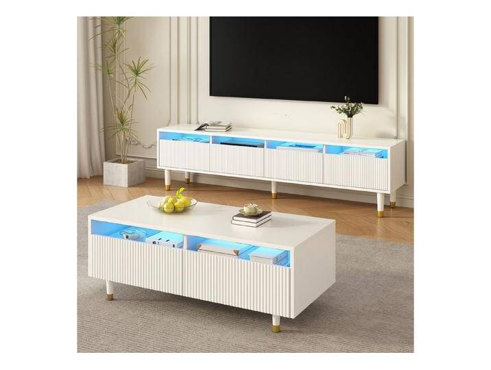 Furnishings Home TV-Schrank LED-Möbelset: TV-Schrank 4 Türen & Couchtisch 2 Schubladen Gold-Design (2-St) Stylische Acrylschubladen mit 3D-Wellenstruktur von OTTO