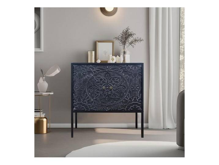 G-LEAF Kommode Aufbewahrungsschrank in Vintage Boho Stil, mit 2 geschnitzten Türen, mit verstellbarem Regal, Holzplatte und Metall-Beinen, 74.5×32×70cm, schwarz von OTTO