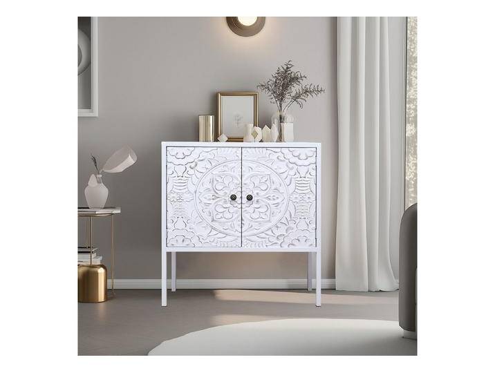 G-LEAF Kommode Aufbewahrungsschrank in Vintage Boho Stil, mit 2 geschnitzten Türen, mit verstellbarem Regal, Holzplatte und Metall-Beinen, 74.5×32×70cm, weiß von OTTO