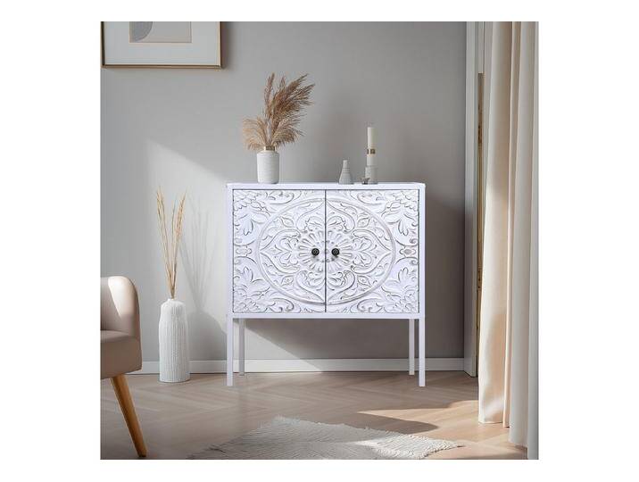 G-LEAF Kommode Aufbewahrungsschrank in Vintage Boho Stil, mit 2 geschnitzten Türen, mit verstellbarem Regal, Holzplatte und Metall-Beinen, 74.5×32×70cm, weiß von OTTO